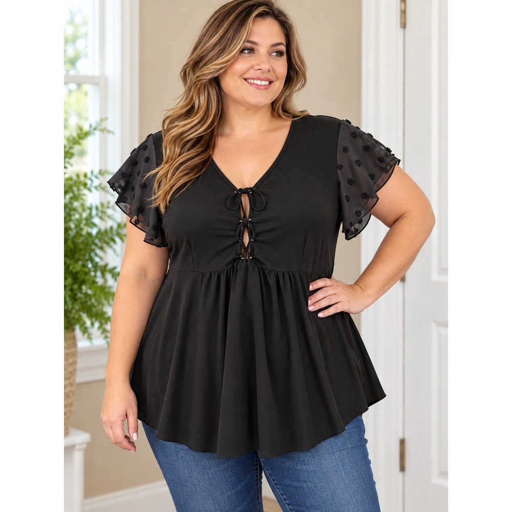 Black Swiss Dot Flutter Sleeve Lace Up Babydoll Top 2XL Corset Front Blouse